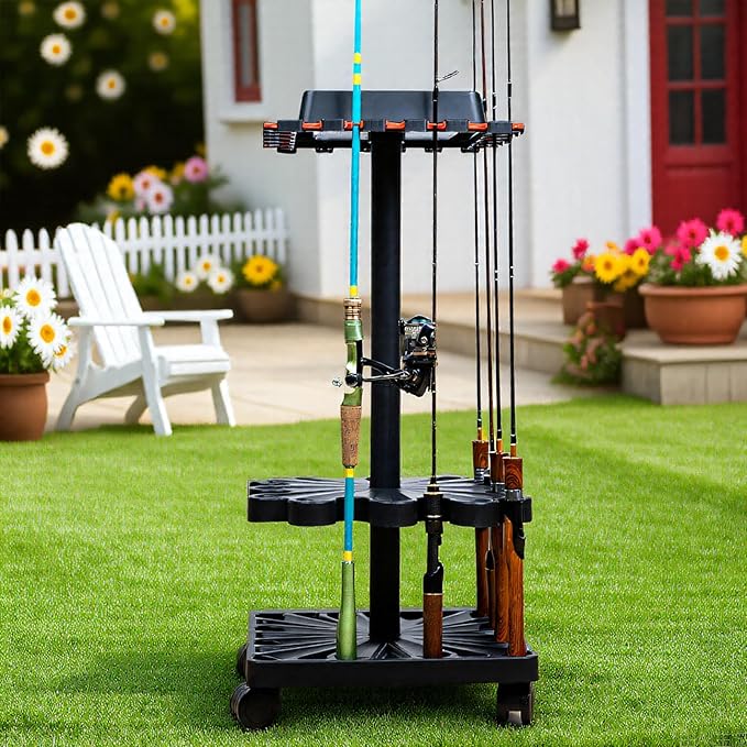 Freestanding Rotating Fishing Rod Rack, Home Display Organizer, Tool-Free Assembly, Holds up to 24 Rods, with Rolling Wheels (Holds up to 24 Rods Without Rolling Wheels)