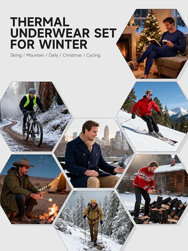 VZV Thermal Underwear for Men Fleece Lined Long Johns for Mens Thermals Top and Bottom Set Soft Base Layer for Winter