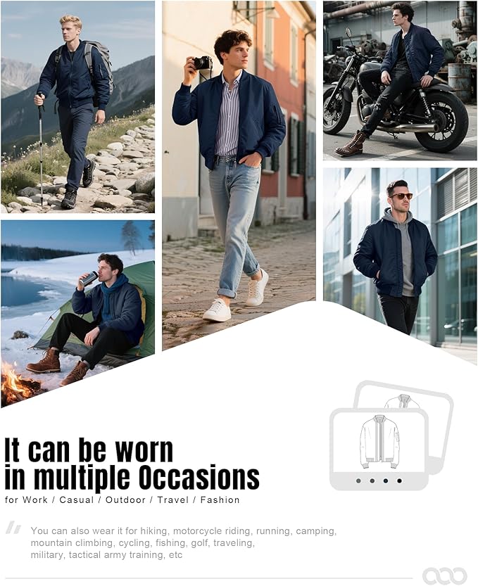 33,000ft Men's Bomber Jacket Waterproof Zip Up Windbreaker Quilted Padded Lightweight Warm Casual Spring Fall Winter Coat