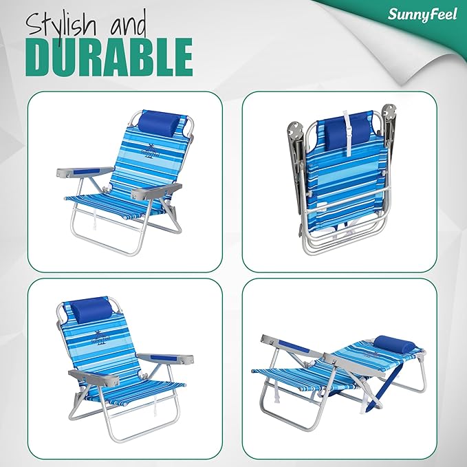 SUNNYFEEL Extra Wide 28" Low Beach Chair 2 Pack 5 Position Lay Flat, XL Oversized Portable Folding Camping Chairs with Cup Holder for Outdoor/Trip, Foldable Backpack Beach Chair for Adults