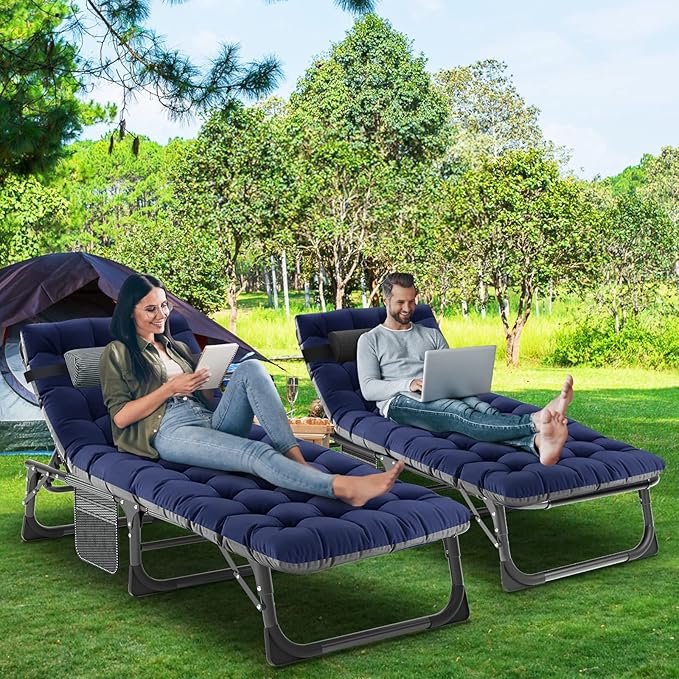 LILYPELLE Folding Outside Chaise Lounge Chair with Mattress, 5 Position Adjustable Patio Reclining Chairs Perfect for Outside, Sunbathing, Camping, Pool, Beach, Cool Blue