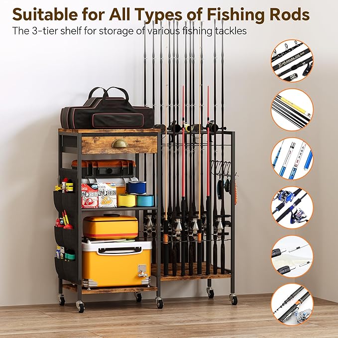 Homeiju Fishing Rod Holder, Fishing Pole Holders for Garage Boat Fishing Gear Storage with Drawer and Wheels, Holds 16 fishing rods for Home Entryway Corner,Rustic Brown