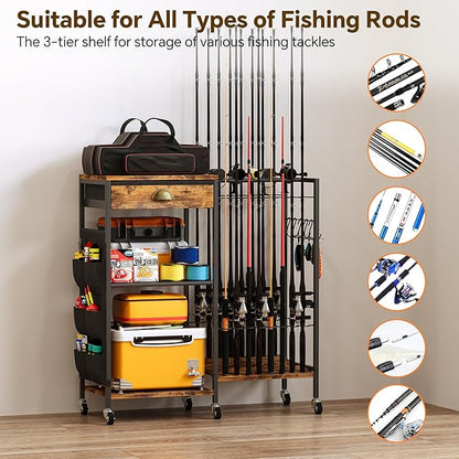Homeiju Fishing Rod Holder, Fishing Pole Holders for Garage Boat Fishing Gear Storage with Drawer and Wheels, Holds 16 fishing rods for Home Entryway Corner,Rustic Brown