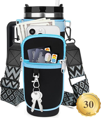 Water Bottle Carrier Bag with Strap for Stanley 40/30 oz Tumbler with Handle, Water Bottle Holder Pouch with Phone Pocket for Stanley Cup Accessories, fit Walking Hiking Travel