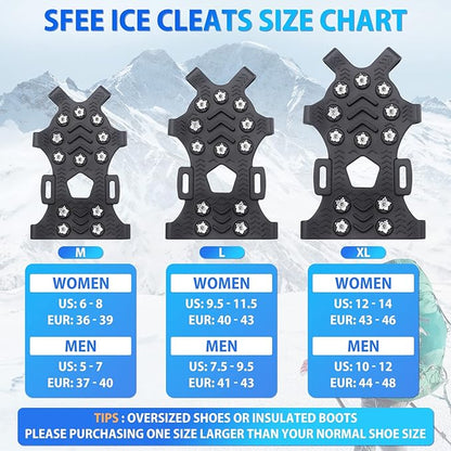 Sfee Crampons for Winter Boots, Upgraded Ice Cleats Stainless Steel Women Men Anti Slip Ice Traction Cleats Grips with Straps, Perfect for Hiking, Walking, Climbing, Ice Fishing