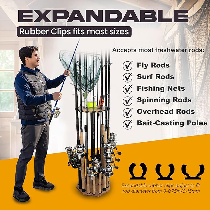 Rush Creek Creations 16-Rod Round Fishing Rod Holder for Garage, 360° Access Fishing Pole Holder for Fishing Rods, Reels, Gear, and Accessories, Securely Holds 16 Rods, Wood Grain
