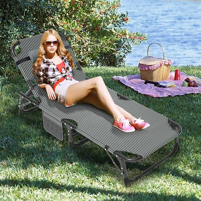 LILYPELLE Folding Outside Chaise Lounge Chair with Mattress, 5 Position Adjustable Patio Reclining Chairs Perfect for Outside, Sunbathing, Camping, Pool, Beach, Grey