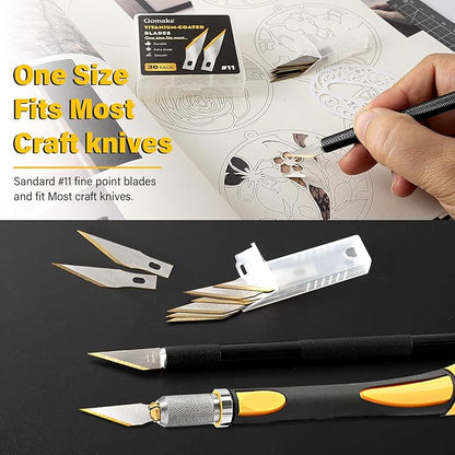 Gomake Exacto Knife Blades #11 Titanium Coated Replacement Blades for Precision Hobby Knife, 30 Pack