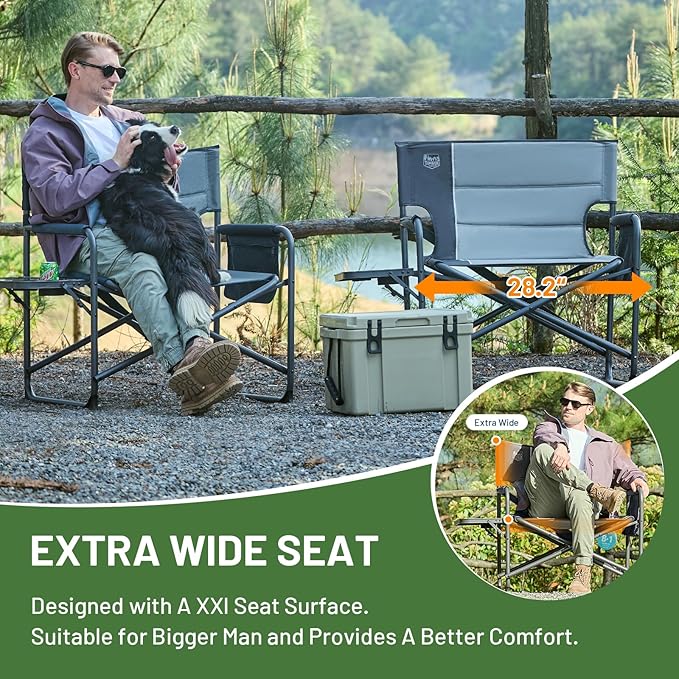 Timber Ridge XXL Foldable Directors Chair with Side Table, Extra Wide Camping Chairs for Adults Heavy Duty Supports 500 lbs, Oversized Folding Lawn Chair for Picnic Beach Sports Fishing, Grey