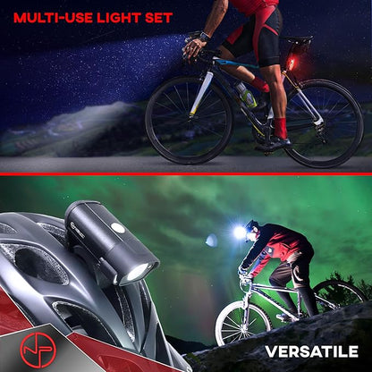 NP NIGHT PROVISION BX-300 USB Rechargeable LED Bike Light Set Front and Back Cycling Safety Lights Best Headlight with New DUO-120 USB Tail Light for Adults Kids Men Women