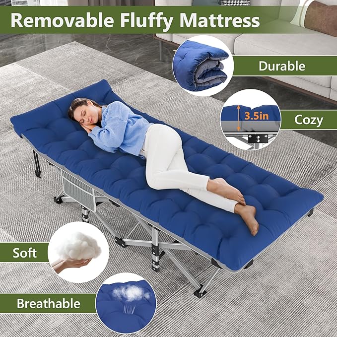 Slendor Folding Camping Cot with Mattress for Adults,74”L x 28”W x 15”H, Portable Sleeping Cot Bed for Tent, Office, Camping, Outdoor, Striated Gray Cot,Gray+Blue Pad,500lbs Load