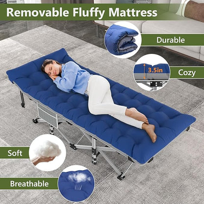 Slendor Folding Camping Cot with Mattress for Adults,74”L x 28”W x 15”H, Portable Sleeping Cot Bed for Tent, Office, Camping, Outdoor, Striated Gray Cot,Gray+Blue Pad,500lbs Load