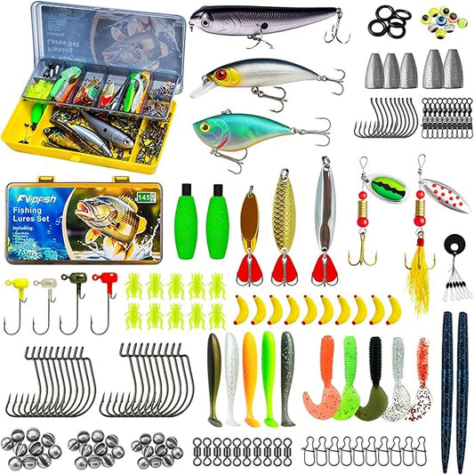 Fishing Tackle Box with Tackle Included, 145Pcs Fishing Lures Kit with Jigs, VIBs, Minnows, Soft Baits, Floats, Hooks & Weights, Complete Fishing Gear Set for Freshwater & Saltwater