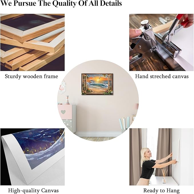 ANRUOXI Beach Canvas Wall Art, Sunset Coastal Prints Beach Scenery Fake Window View Picture, Blue Ocean Waves Seascape Painting, Seagull Dolphins Natural Landscape Artwork for Bedroom 12x18 Inch