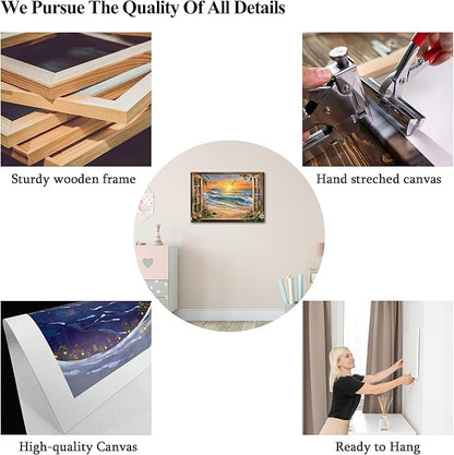 ANRUOXI Beach Canvas Wall Art, Sunset Coastal Prints Beach Scenery Fake Window View Picture, Blue Ocean Waves Seascape Painting, Seagull Dolphins Natural Landscape Artwork for Bedroom 12x18 Inch