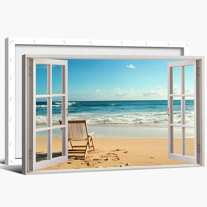 ANRUOXI Beach Wall Art, Blue Ocean Canvas Wall Decor, Beach Theme Window Frame Style Prints Blue Sea Painting, White Window Frame Style Seaside Nature Coastal Framed Artwork for Bathroom 24x36 Inch