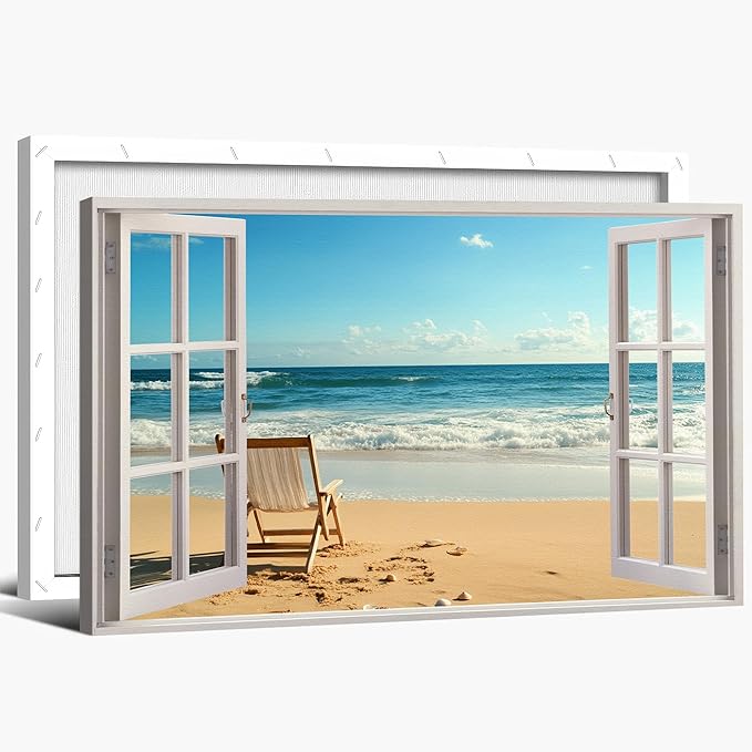 ANRUOXI Beach Wall Art, Blue Ocean Canvas Wall Decor, Beach Theme Window Frame Style Prints Blue Sea Painting, White Window Frame Style Seaside Nature Coastal Framed Artwork for Bathroom 18x24 Inch