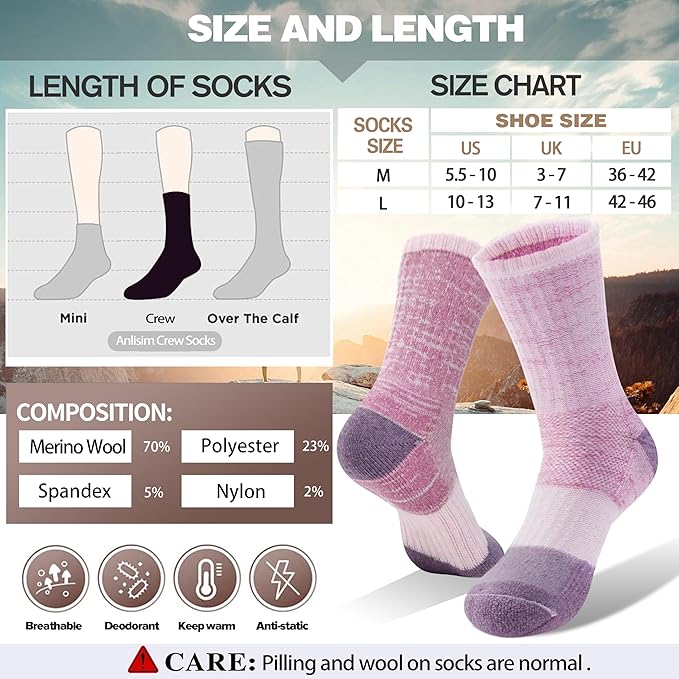 Anlisim Merino Wool Hiking Socks for Women Thermal Winter Warm Boot Work Cushion Socks 5 Pairs
