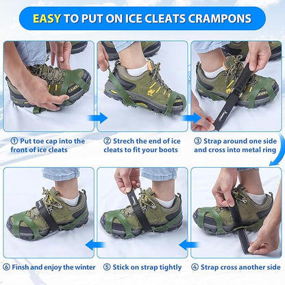SYOURSELF Ice Cleats, Crampons Ice Cleats for Shoes and Boots Women Men Kids, Non Slip Grippers Spikes for Shoes with Straps, Ice Traction Cleats for Snow and Ice, Hiking, Walking, Fishing, Climbing