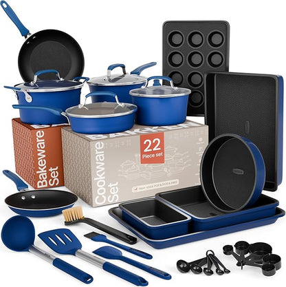 Pots and Pans Set, 22-Piece Non Stick Cookware & Bakeware Sets with Plaid Pattern, Stackable Design, Dishwasher Safe, Stain-resistant, Oven & All-Stove Safe, Tempered Glass Lid, Blue