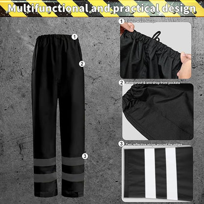 Hi-Vis Reflective Safety Rain Jacket and Pants for Men Women Waterproof Rain Gears with Inner Mesh Lining and pocket，Black 2XL/3XL