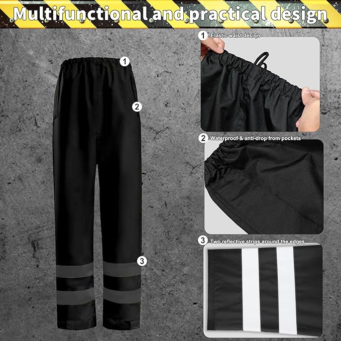 Hi-Vis Reflective Safety Rain Jacket and Pants for Men Women Waterproof Rain Gears with Inner Mesh Lining and pocket，Black 4XL/5XL