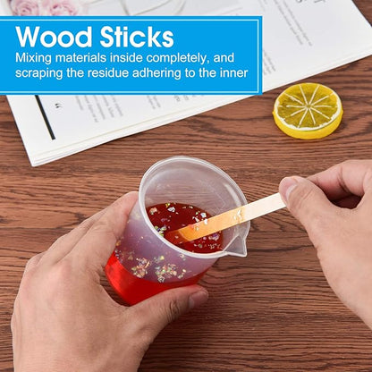 Coopay 12 Pack 200ml/6.8oz Plastic Beakers Epoxy Mixing Cups, Plastic Graduated Cups Clear Multipurpose Measuring Cups with 50 Pack Wooden Stirring Sticks for Resin, Epoxy, Stain, Mixing Paint
