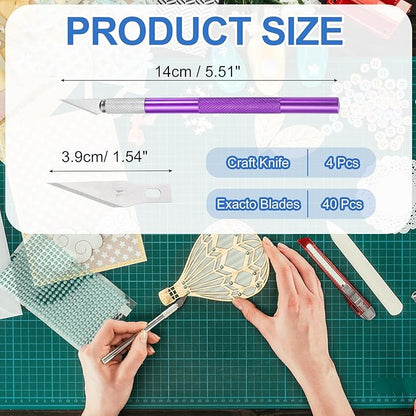 MECCANIXITY 4 Pcs Exacto Knife, Craft Hobby Knife with 40 Exacto Blades(#11) Profession Craft Knives for Crafting, Modeling, Scrapbooking (Purple)