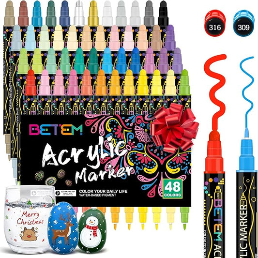 Betem 48 Colors Dual Tip Acrylic Paint Pens Markers, Premium Acrylic Paint Markers Stocking Stuffers for Rock, Wood, Fabric, Glass, Canvas, Ceramic, Christmas Gifts for Teens DIY Crafts Art Supplies
