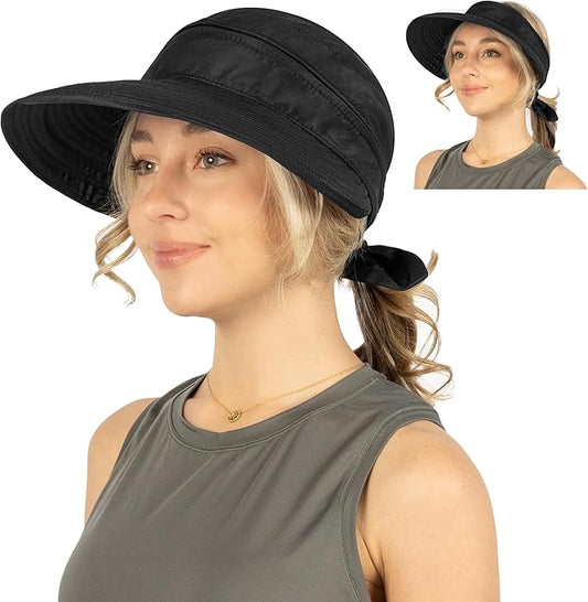 SUN CUBE Women Sun Hat for Outdoor UV Protection, Wide Brim Sun Hat Ponytail, Convertible Zip-Off Beach Hat Visor