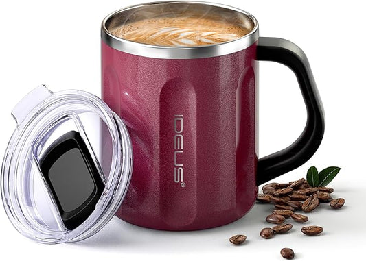 Ideus 16 oz Coffee Cup, Stainless Steel Coffee Travel Mug, Spill Proof Tea Mug with Handle and Lid, Lightweight and Durable, Great for Office Home and Outdoor Use, Burgundy-FUJI FLOW