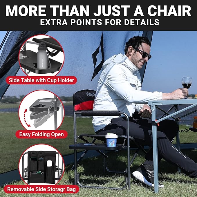 KingCamp Heavy Duty Camping Director Chair, Folding with Side Table & Storage, Red