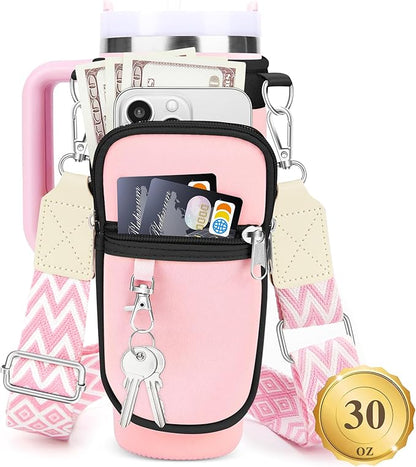Water Bottle Carrier Bag with Strap for Stanley 40/30 oz Tumbler with Handle, Water Bottle Holder Pouch with Phone Pocket for Stanley Cup Accessories, fit Walking Hiking Travel