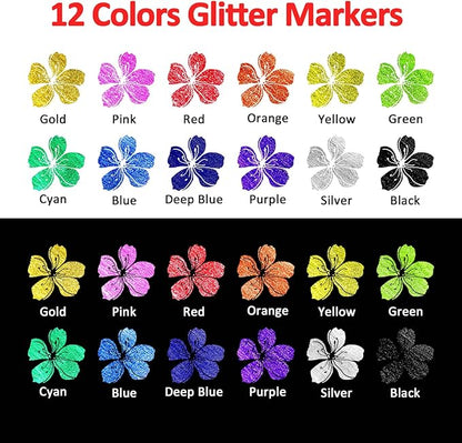 Betem Glitter Markers Pen, 12 Colors Sparkly and Shiny Metallic Markers Fine Tip Water-based Ink Glitter Pens For Scrapbooking Supplies, Glass, Mugs, Rock Painting, Cards, Christmas Gifts for Teens