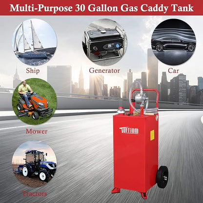 TUFFIOM 30 Gallon Fuel Gas Caddy w/Wheels & Manual Siphon Pump,Portable Diesel Fuel Transfer Storage Tank w/8.9ft Hose,Gasoline Can Container for ATV Car Mowers Tractor Boat