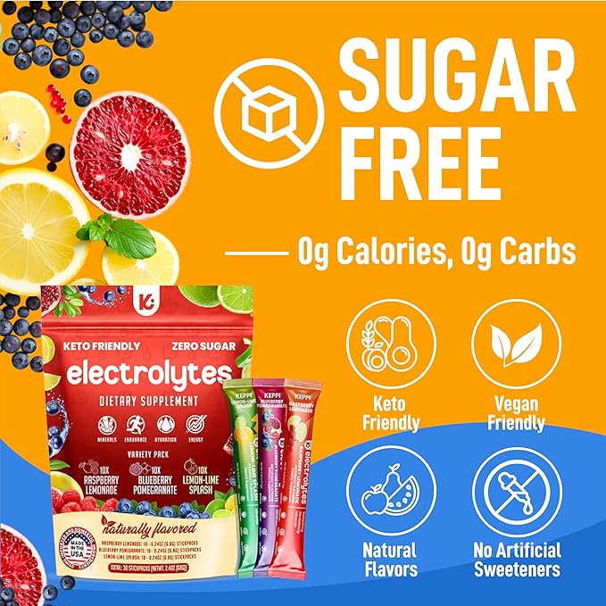 Keppi Electrolytes Powder Packets Assorted Flavors 30 Servings – No Sugar Hydration Supplement with Potassium, Magnesium, Sodium – Keto, Vegan, Fasting-Friendly, Zero Calorie Hydration Packets