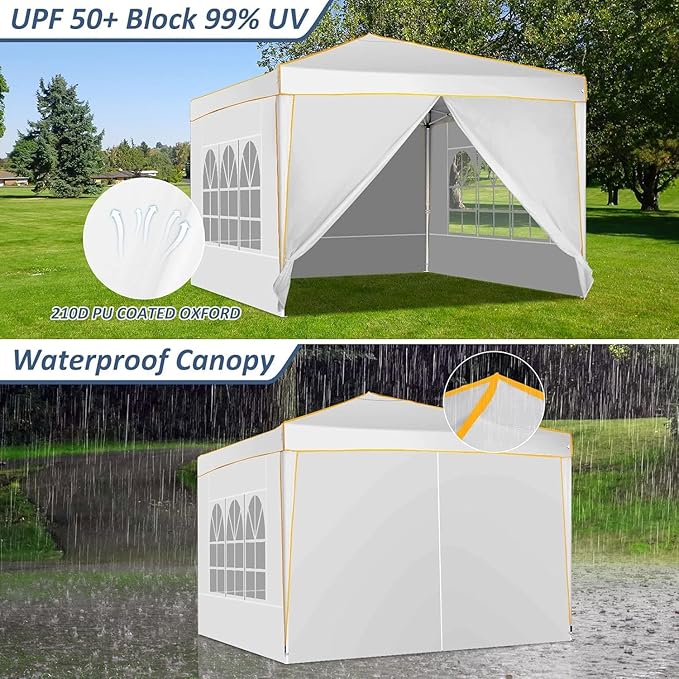 COBIZI 10x10 Pop up Canopy, Canopy Tent 10x10 Gazebos, Ez up Canopy for Parties Outdoor Camping Party Event Shelter Sun Shade with 4 Sidewalls & Carry Bag 4 Stakes & Ropes & Sandbags, White