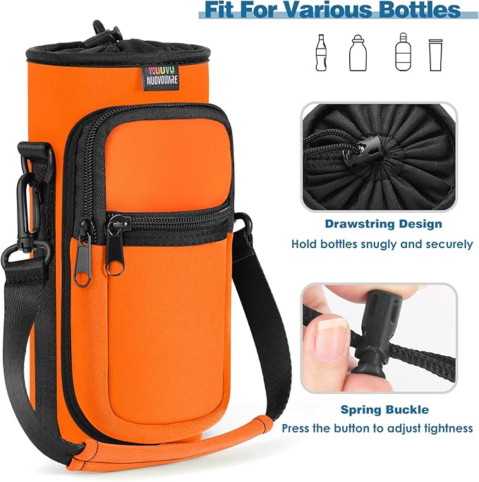 Nuovoware Water Bottle Carrier Bag,25oz/40oz/64oz Bottle Pouch Holder,Adjustable Shoulder Hand Strap 2 Pocket Sling Neoprene Sleeve Sports Accessories for Hiking Travelling Camping