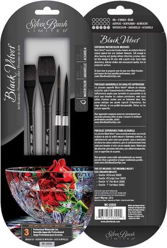 Silver Brush Limited WC-3202S Black Velvet Professional Watercolor Set, Set of 4, Size 8 Round, Size 8 Script Liner, Sizes 3/4 and 1 Inch Flat Wash Paintbrushes, Short Handle