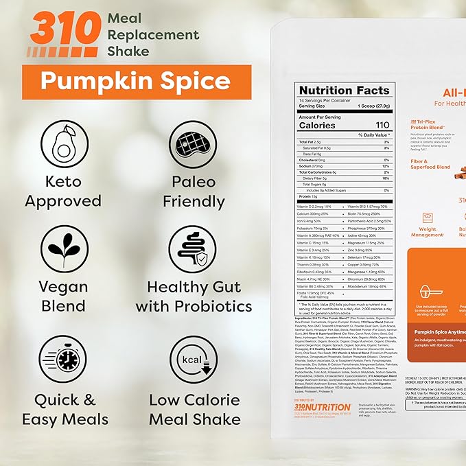 310 Nutrition - Vegan Organic Plant Powder and Meal Replacement Shake - Gluten, Dairy, and Soy Free - Keto and Paleo Friendly - 0 Grams of Sugar - Pumpkin Spice - 14 Servings