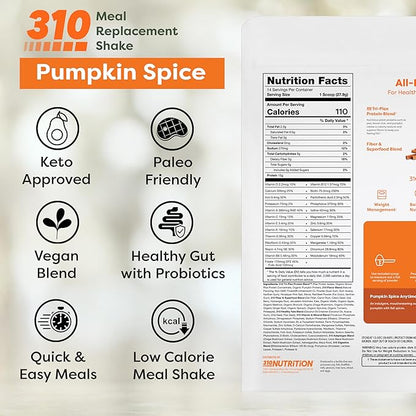 310 Nutrition - Vegan Organic Plant Powder and Meal Replacement Shake - Gluten, Dairy, and Soy Free - Keto and Paleo Friendly - 0 Grams of Sugar - Pumpkin Spice - 14 Servings
