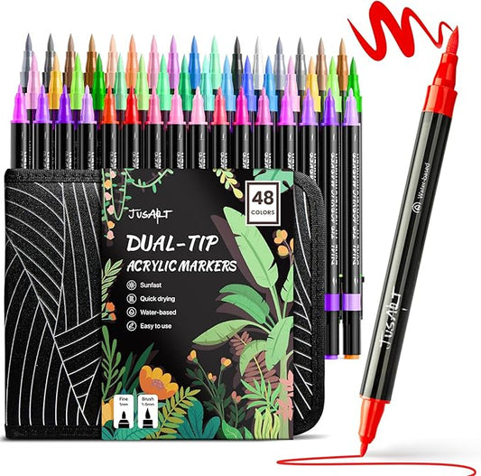 JusArt 48Colors Acrylic Paint Markers Set with Canvas Bag, Dual Tips with Brush Tip & Fine Tip, No-Bleed, Waterproof, Non-Toxic & Odorless Paint Pens for Rock, Egg, Wood, Canvas, Glass, Ceramic, DIY