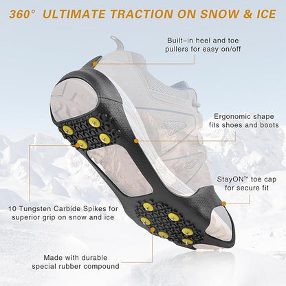 Ice Cleats Snow Traction Cleats for Shoes and Boots,10-Studs Anti-Slip Ice Grippers Rubber Crampons Cleats for Walking on Snow and Ice Slip-on Stretch Overshoe Footwear