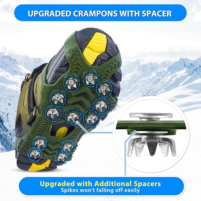 SYOURSELF Ice Cleats, Crampons Ice Cleats for Shoes and Boots Women Men Kids, Non Slip Grippers Spikes for Shoes with Straps, Ice Traction Cleats for Snow and Ice, Hiking, Walking, Fishing, Climbing