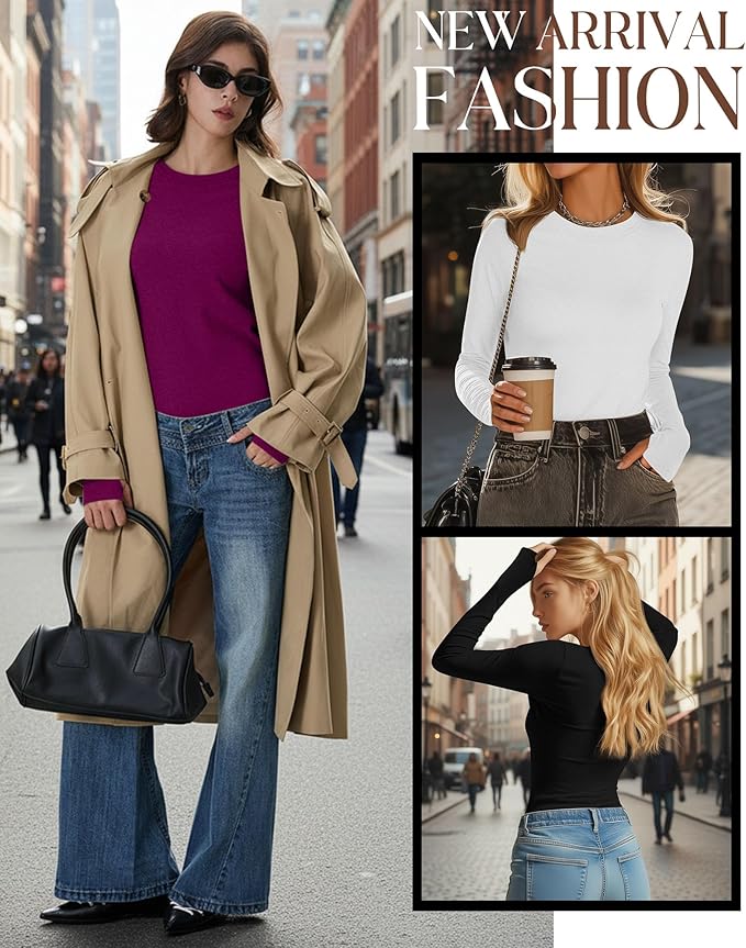 Neer 4 Pack Women's Fleece Thermal Long Sleeve Shirts, Thumb Holes Crew Neck Slim Fit Tops Warm Workout Basic Undershirt