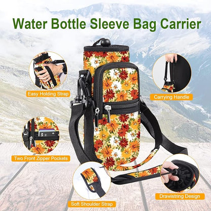 25/32/40/64oz Water Bottle Bag Holder Carrier-Insulated Crossbody Sling Case Sleeve with Strap & Pockets for Men Women Gym Cycling Travel Walking Hiking Camping