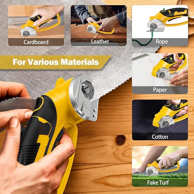 Cordless Electric Scissors, 4V Box Cutter & Cardboard Cutter with 2 Titanium Blades - Rotary Cutter with LED Light for Fabric, Leather, Carpet, Plastic, Crafting + Storage Case (Yellow)