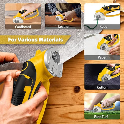 Cordless Electric Scissors, 4V Box Cutter & Cardboard Cutter with 2 Titanium Blades - Rotary Cutter with LED Light for Fabric, Leather, Carpet, Plastic, Crafting + Storage Case (Yellow)