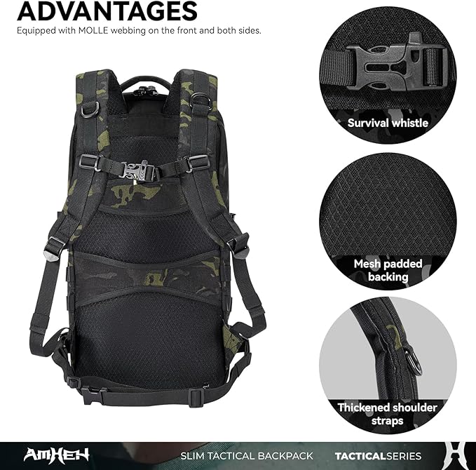 Tactical Backpack Military Slim Army Bag Molle Daypack 20L Outdoors Hiking Camping Travel EDC Pack with Multiple Pockets Waterproof for Men (Black Camo)