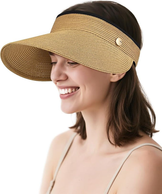 Sun Visor Hat for Women,Wide Brim Beach Hat UV Protection, Packable Straw Sun Visor Hat for Vacation,Summer